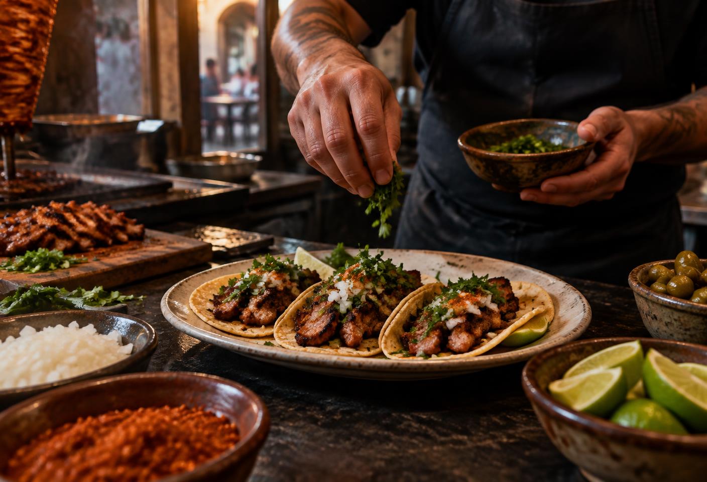 Escena editorial de preparación de tacos